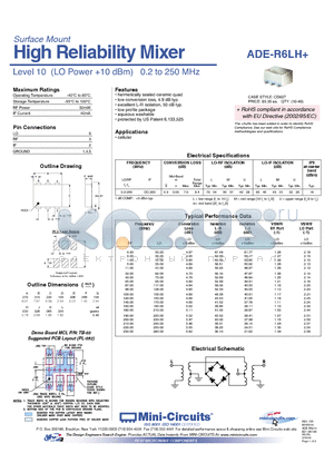 ADE-R6LH+ datasheet - High Reliability Mixer Level 10 (LO Power 10 dBm) 0.2 to 250 MHz
