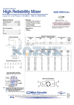 ADE-R901LH datasheet - High Reliability Mixer Level 10 (LO Power 10 dBm) 300 to 1000 MHz