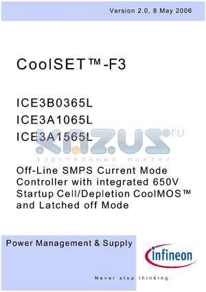 ICE3A1565L datasheet - Off-Line SMPS Current Mode Controller with integrated 650V Startup Cell/Depletion CoolMOS and Latched off Mode