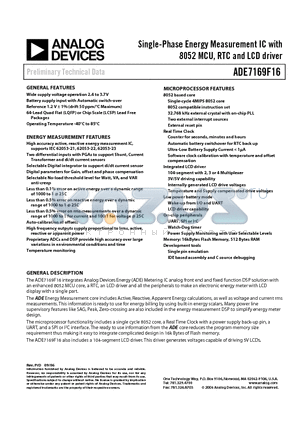 ADE7169ASTF16 datasheet - Single-Phase Energy Measurement IC with 8052 MCU, RTC and LCD driver