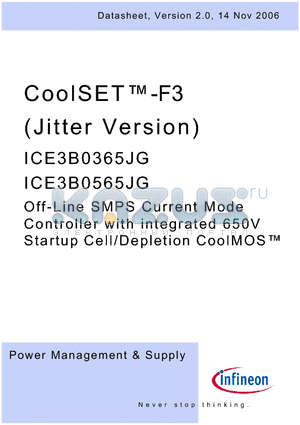 ICE3B0365JG datasheet - Off-Line SMPS Current Mode Controller with integrated 650V Startup Cell/Depletion CoolMOS