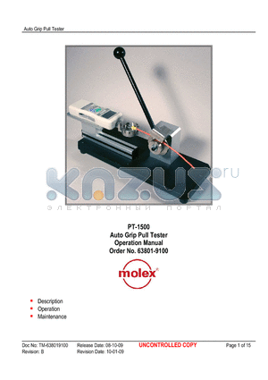 63801-9102 datasheet - PT-1500 Auto Grip Pull Tester Operation Manual