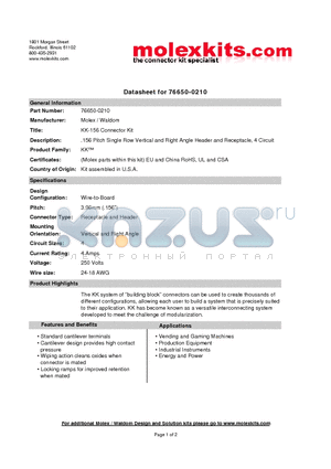 63811-7500 datasheet - .156 Pitch Single Row Vertical and Right Angle Header and Receptacle,4 Circuit