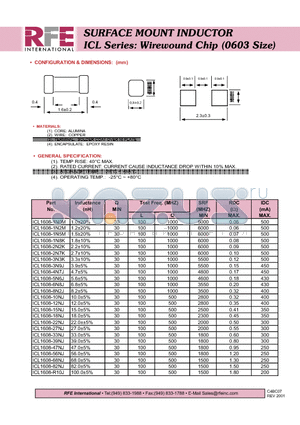 ICL1608-12NJ datasheet - SURFACE MOUNT INDUCTOR ICL Series: Wirewound Chip (0603 Size)