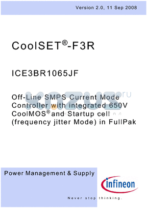ICE3BR1065JF datasheet - Off-Line SMPS Current Mode Controller with integrated 650V CoolMOS and Startup cell (frequency jitter Mode) in FullPak