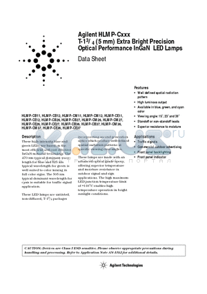 HLMP-CB11-N0CDD datasheet - T-1 3/4 (5 mm) Extra Bright Precision Optical Performance InGaN LED Lamps