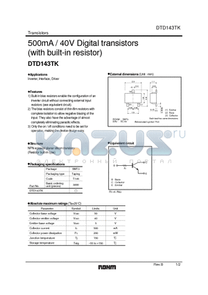 DTD143TK datasheet - 500mA / 40V Digital transistors (with built-in resistor)