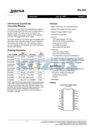 ICL232CPE datasheet - 5V Powered, Dual RS-232 Transmitter/Receiver