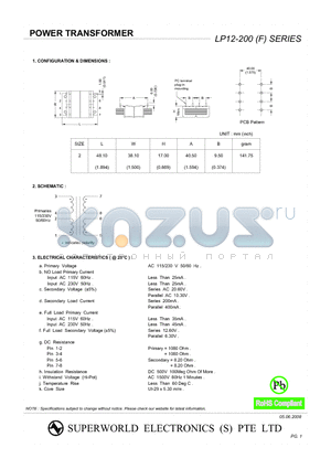 LP12-200 datasheet - POWER TRANSFORMER