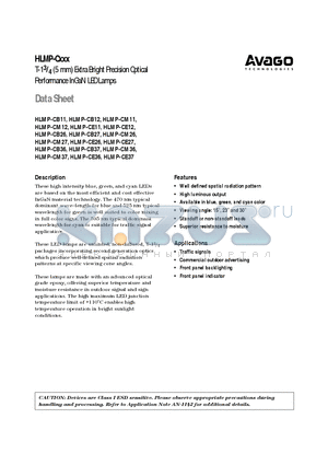 HLMP-CB15-RSCXX datasheet - T-13/4 (5 mm) Precision Optical Performance InGaN Blue, Green and Cyan Lamps