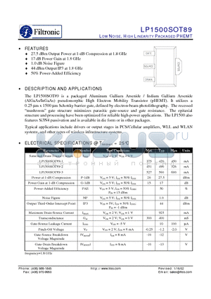 LP1500SOT89 datasheet - LOW NOISE, HIGH LINEARITY PACKAGED PHEMT
