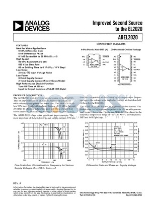 ADEL2020AR-20 datasheet - Improved Second Source to the EL2020