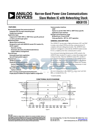 ADE8155 datasheet - Narrow-Band Power-Line Communications Slave Modem IC with Networking Stack