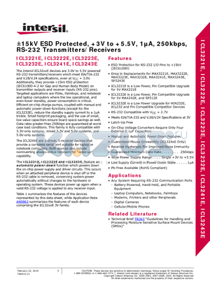 ICL3221E datasheet - a15kV ESD Protected, 3V to 5.5V, 1lA, 250kbps, RS-232 Transmitters/Receivers