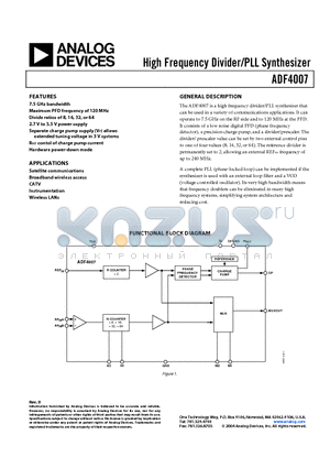 ADF4007 datasheet - High Frequency Divider/PLL Synthesizer