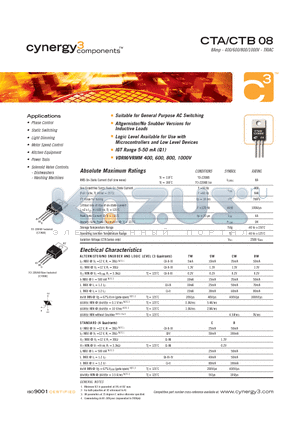 CTB08-1000C datasheet - 8Amp - 400/600/800/1000V - TRIAC