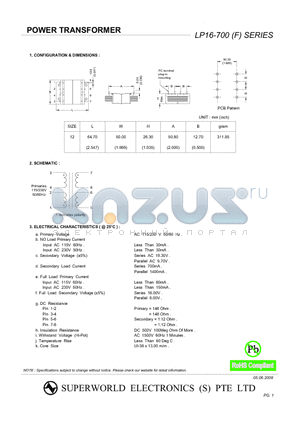 LP16-700 datasheet - POWER TRANSFORMER