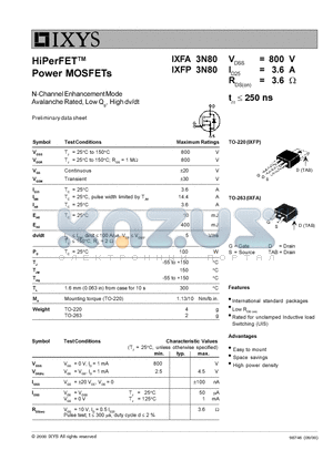 IXFA3N80 datasheet - HiPerFET Power MOSFETs