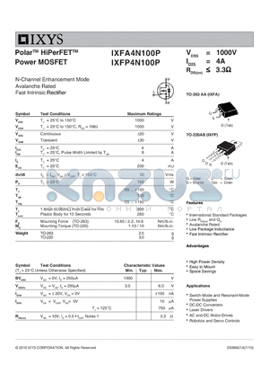 IXFA4N100P datasheet - Polar HiPerFET Power MOSFET
