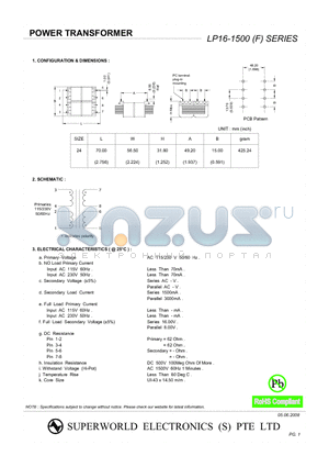 LP16-1500 datasheet - POWER TRANSFORMER