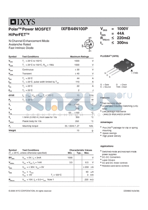 IXFB44N100P datasheet - Polar Power MOSFET HiPerFET