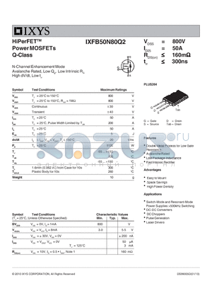 IXFB50N80Q2 datasheet - HiPerFET Power MOSFETs Q-Class