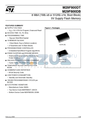 M29F800DB datasheet - 8 Mbit (1Mb x8 or 512Kb x16, Boot Block) 5V Supply Flash Memory