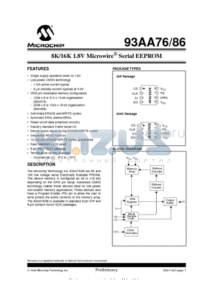 93AA76 datasheet - 8K/16K 1.8V Microwire  Serial EEPROM