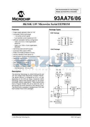 93AA76-/SN datasheet - 8K/16K 1.8V Microwire Serial EEPROM