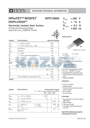 IXFC13N50 datasheet - HiPerFET MOSFET ISOPLUS220