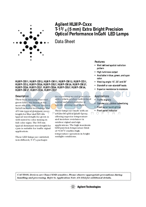 HLMP-CE11-S0CDD datasheet - T-1 3/4 (5 mm) Extra Bright Precision Optical Performance InGaN LED Lamps