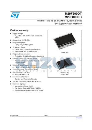 M29F800DB55N6F datasheet - 8 Mbit (1Mb x8 or 512Kb x16, Boot Block) 5V Supply Flash Memory