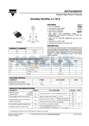 63CTQ100GPBF datasheet - Schottky Rectifier, 2 x 30 A