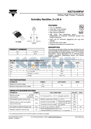 63CTQ100PBF datasheet - Schottky Rectifier, 2 x 30 A