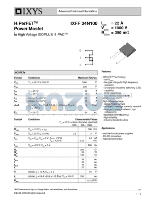 IXFF24N100 datasheet - HiPerFETTM Power Mosfet in High Voltage ISOPLUS I4-PACTM