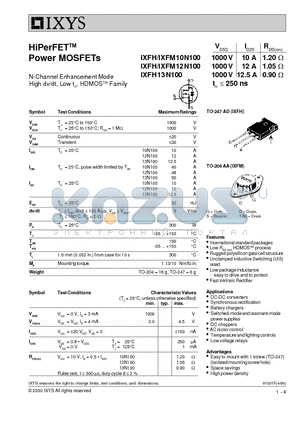 IXFH10N100 datasheet - HiPerFET Power MOSFETs