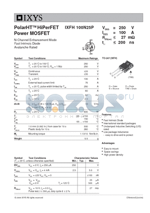 IXFH100N25P datasheet - PolarHT HiPerFET Power MOSFET