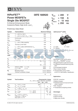 IXFE180N20 datasheet - HiPerFET Power MOSFETs Single Die MOSFET