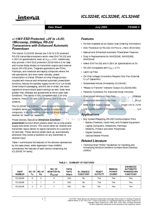 ICL3224E datasheet - 15kV ESD Protected, 3V to 5.5V, 1Microamp, 250kbps, RS-232 Transceivers with Enhanced Automatic Powerdown