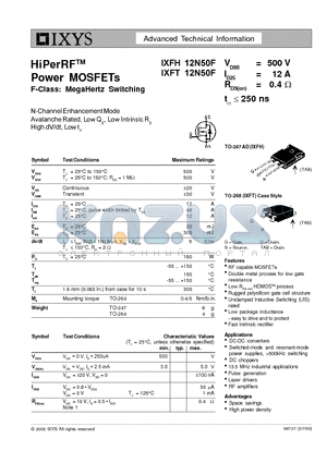 IXFH12N50F datasheet - HiPerRF Power MOSFETs F-Class: MegaHertz Switching