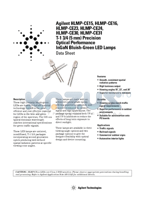 HLMP-CE15 datasheet - Agilent HLMP-CE15, HLMP-CE16, HLMP-CE23, HLMP-CE24, HLMP-CE30, HLMP-CE31 T-1 3/4 (5 mm) Precision  Optical Performance InGaN Bluish-Green LED Lamps