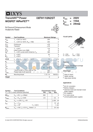 IXFH110N25T datasheet - TrenchHV Power MOSFET HiPerFET