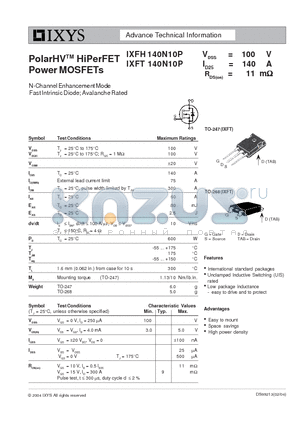 IXFH140N10P datasheet - PolarHV HiPerFET Power MOSFETs