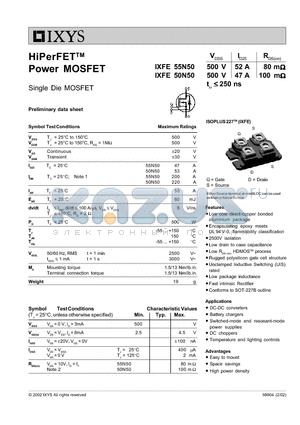 IXFE50N50 datasheet - HiPerFETTM Power MOSFET