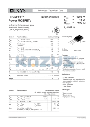 IXFH14N100Q2 datasheet - N-Channel Enhancement Mode Avalanche Rated, Low Qg Low Rg, High dv/dt, Low trr