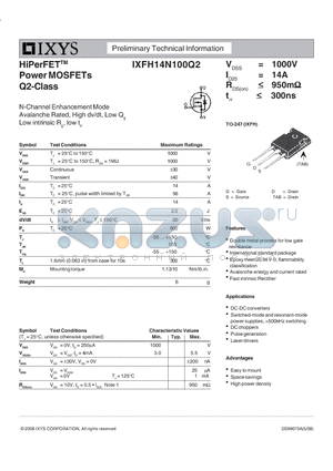 IXFH14N100Q2_08 datasheet - HiPerFET Power MOSFETs Q2-Class