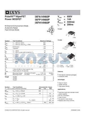 IXFH14N60P datasheet - PolarHV HiperFET Power MOSFET