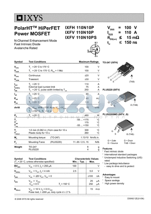 IXFH110N10P datasheet - PolarHT HiPerFET Power MOSFET