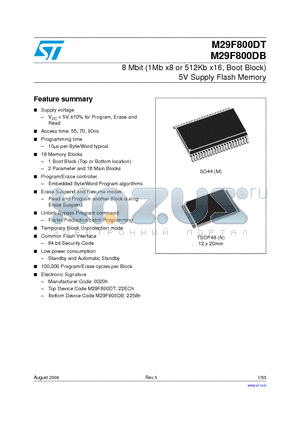 M29F800DT datasheet - 8 Mbit (1Mb x8 or 512Kb x16, Boot Block) 5V Supply Flash Memory