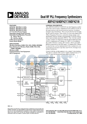 ADF4218 datasheet - Dual RF PLL Frequency Synthesizers